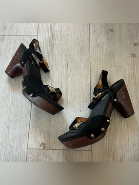 Vintage Flogg Black Suede Platform Wooden Clogs 8.5